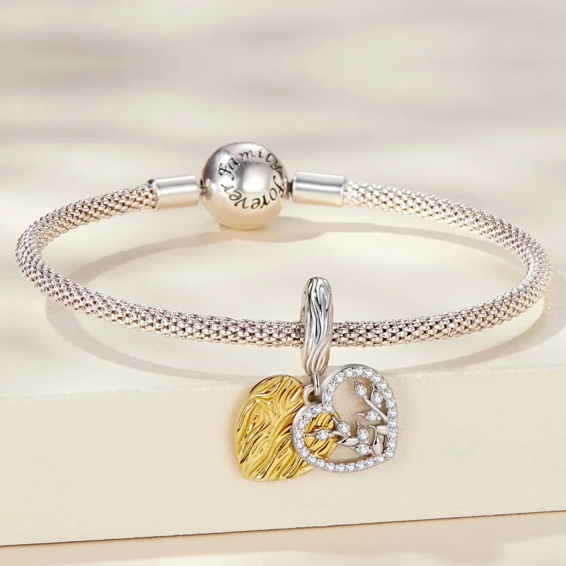 (image for) PANDORA Style Heart Shaped Leaves Dangle Charm - BSC670 - View 3