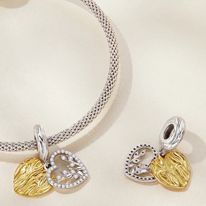 (image for) PANDORA Style Heart Shaped Leaves Dangle Charm - BSC670 - View 4