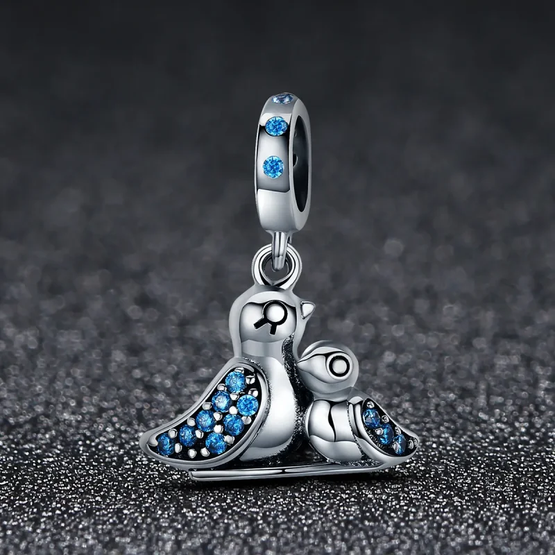 (image for) Pandora Style Silver Bangle Charm, Baby Bird With Mother - SCC426 - View 2