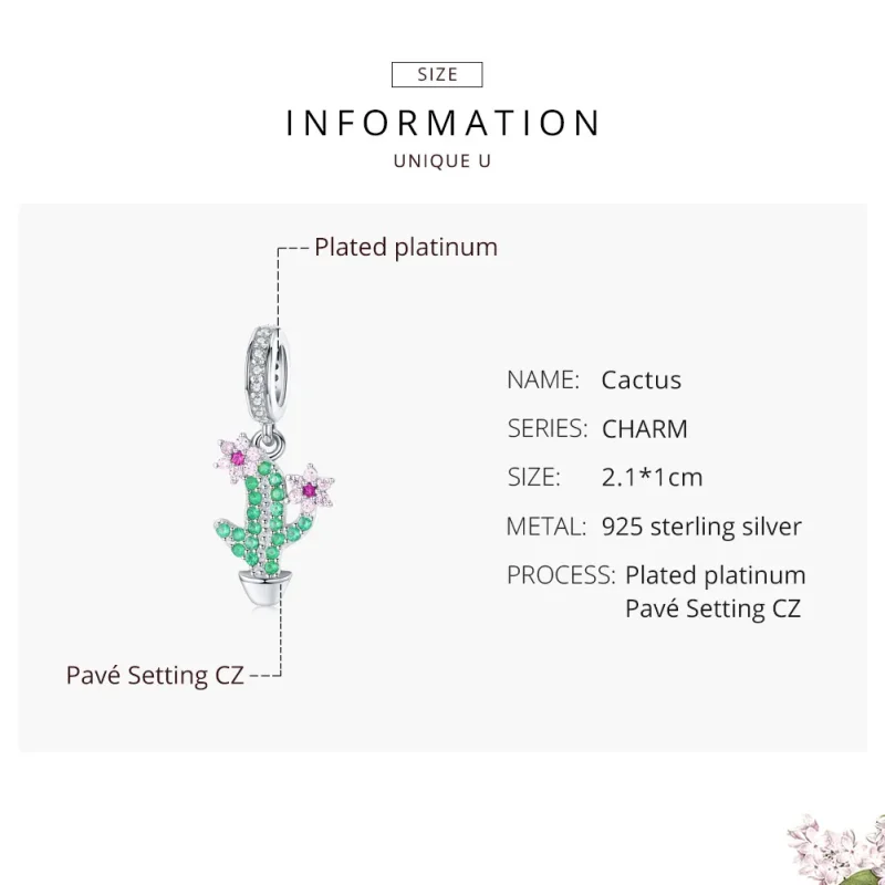 (image for) Pandora Style Silver Bangle Charm, Cactus - BSC121 - View 6