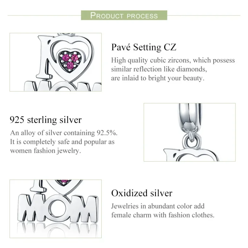 (image for) Pandora Style Silver Bangle Charm, I Love Mom - SCC420 - View 7