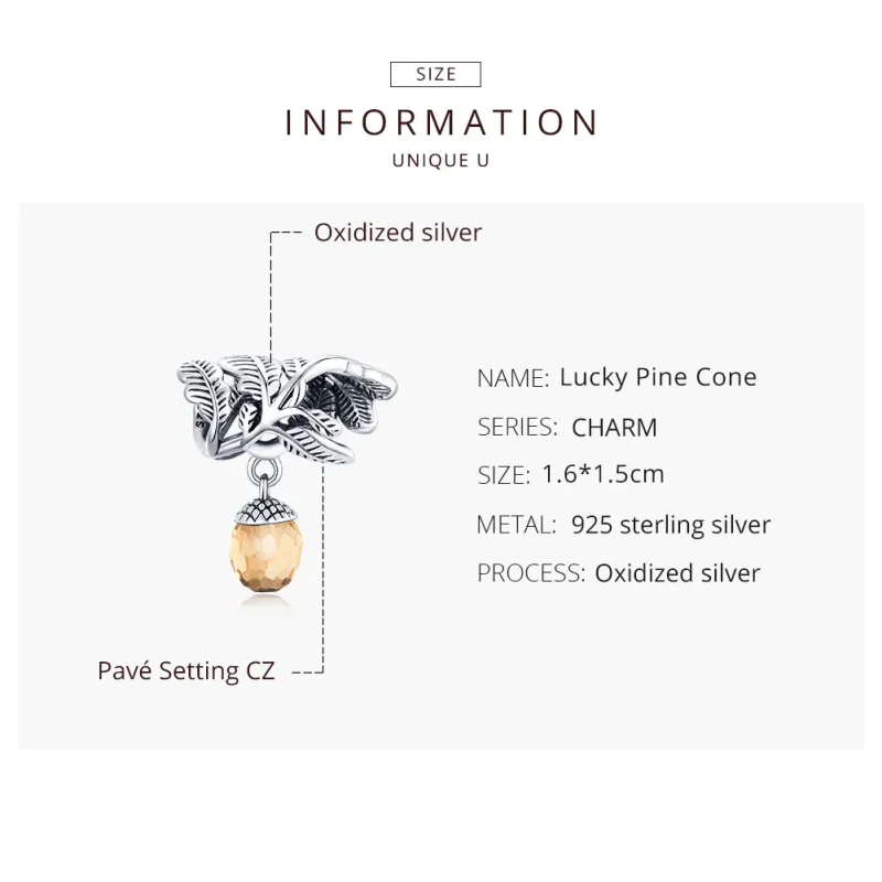 (image for) Pandora Style Silver Bangle Charm, Lucky Pine Cone - BSC336 - View 8