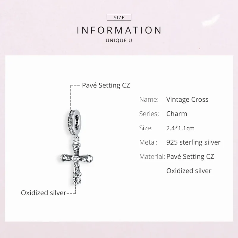 (image for) Pandora Style Silver Bangle Charm, Vintage Cross - BSC313 - View 6