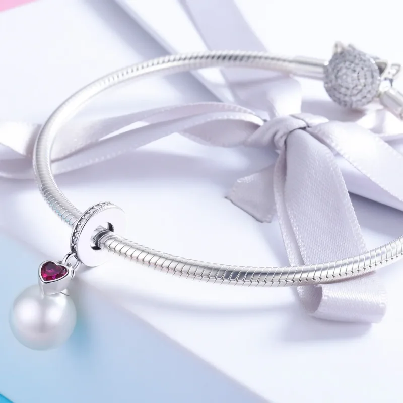 (image for) Pandora Style Silver Bangle Charm, White Beads and Hearts - SCC782 - View 3