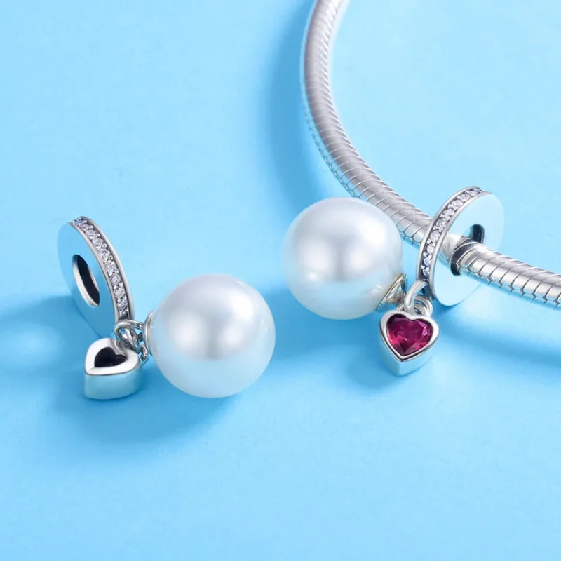 (image for) Pandora Style Silver Bangle Charm, White Beads and Hearts - SCC782 - View 4