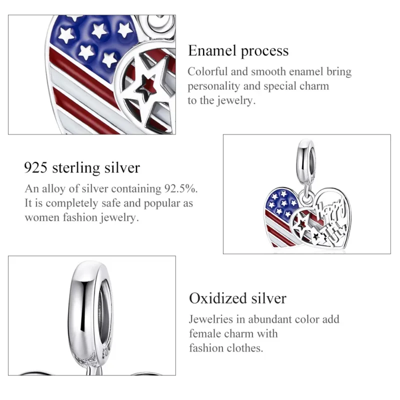 (image for) Pandora Style Silver Dangle Charm, American Independence Day, Multicolor Enamel - View 8