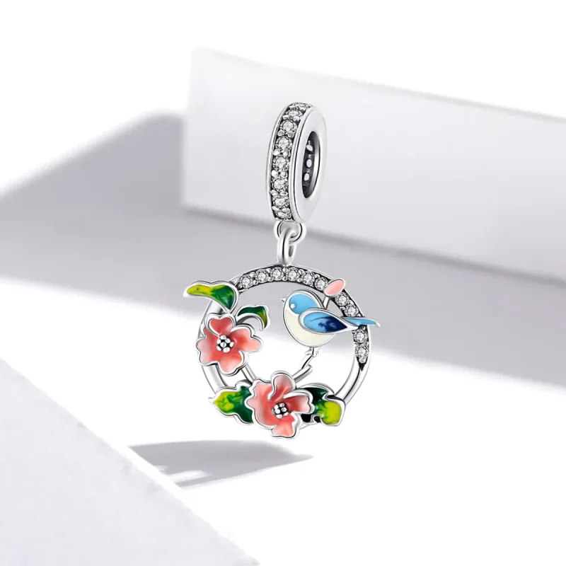 (image for) Pandora Style Silver Dangle Charm, Birds & Flowers, Multicolor Enamel - SCC1726 - View 2