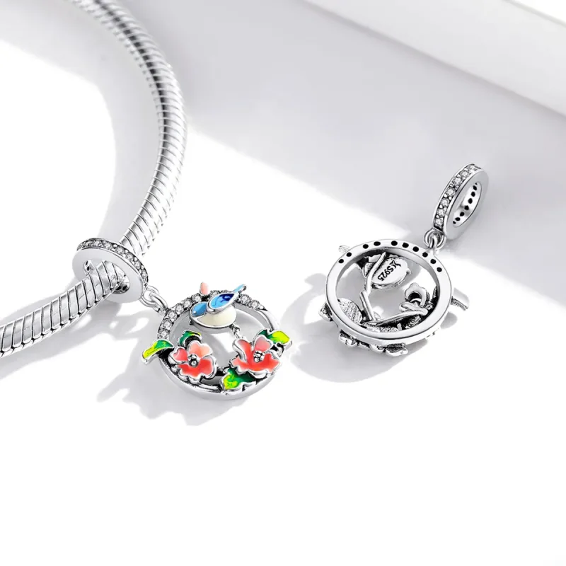 (image for) Pandora Style Silver Dangle Charm, Birds & Flowers, Multicolor Enamel - SCC1726 - View 4