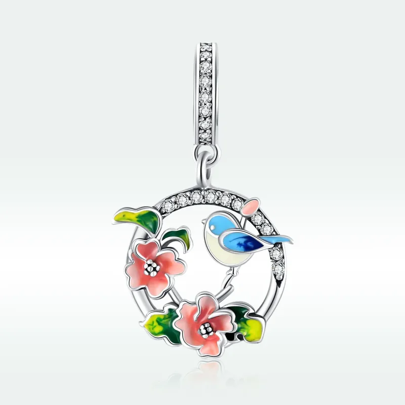 (image for) Pandora Style Silver Dangle Charm, Birds & Flowers, Multicolor Enamel - SCC1726 - View 5