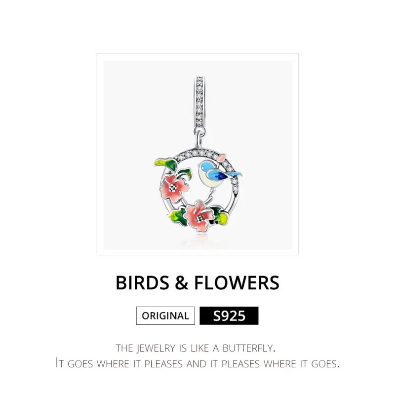 (image for) Pandora Style Silver Dangle Charm, Birds & Flowers, Multicolor Enamel - SCC1726 - View 6