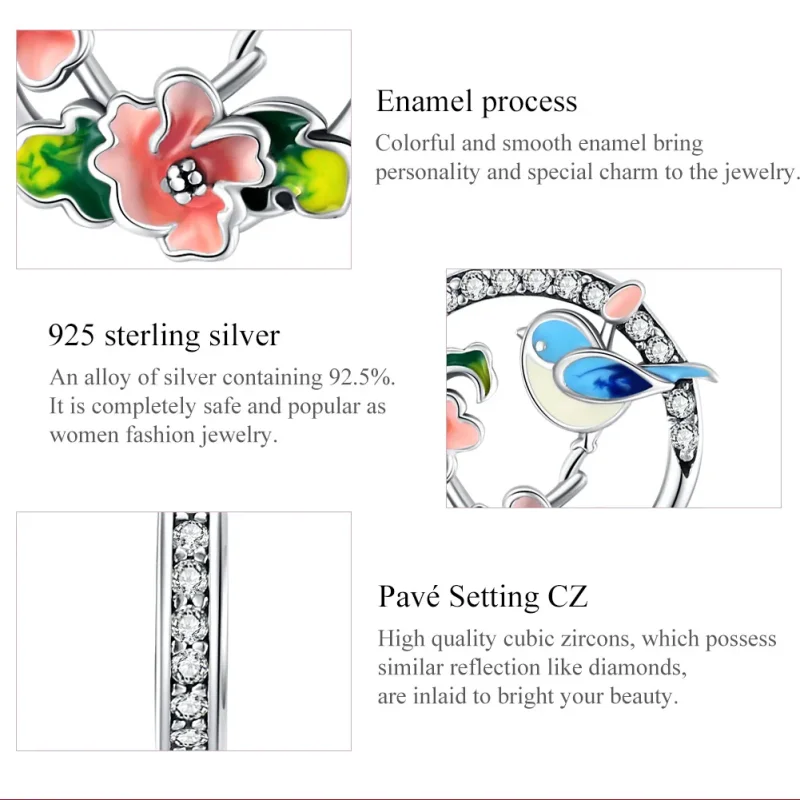 (image for) Pandora Style Silver Dangle Charm, Birds & Flowers, Multicolor Enamel - SCC1726 - View 7
