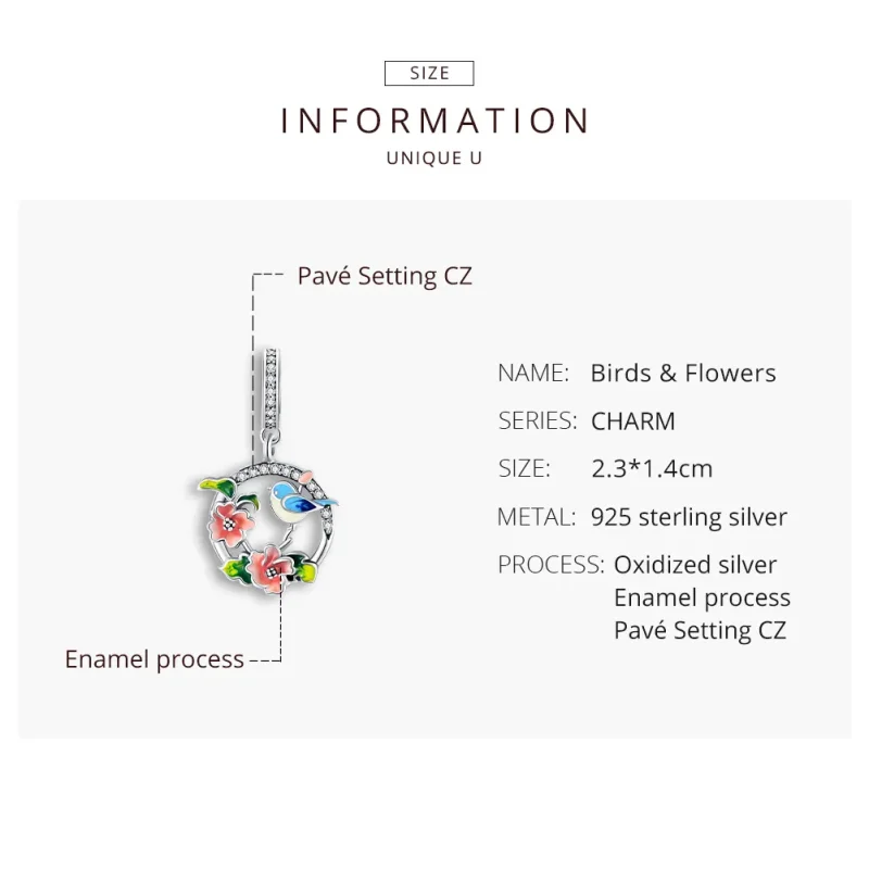 (image for) Pandora Style Silver Dangle Charm, Birds & Flowers, Multicolor Enamel - SCC1726 - View 8