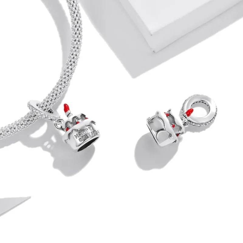 (image for) Pandora Style Silver Dangle Charm, Birthday Cake, Red Enamel - SCC1848 - View 4