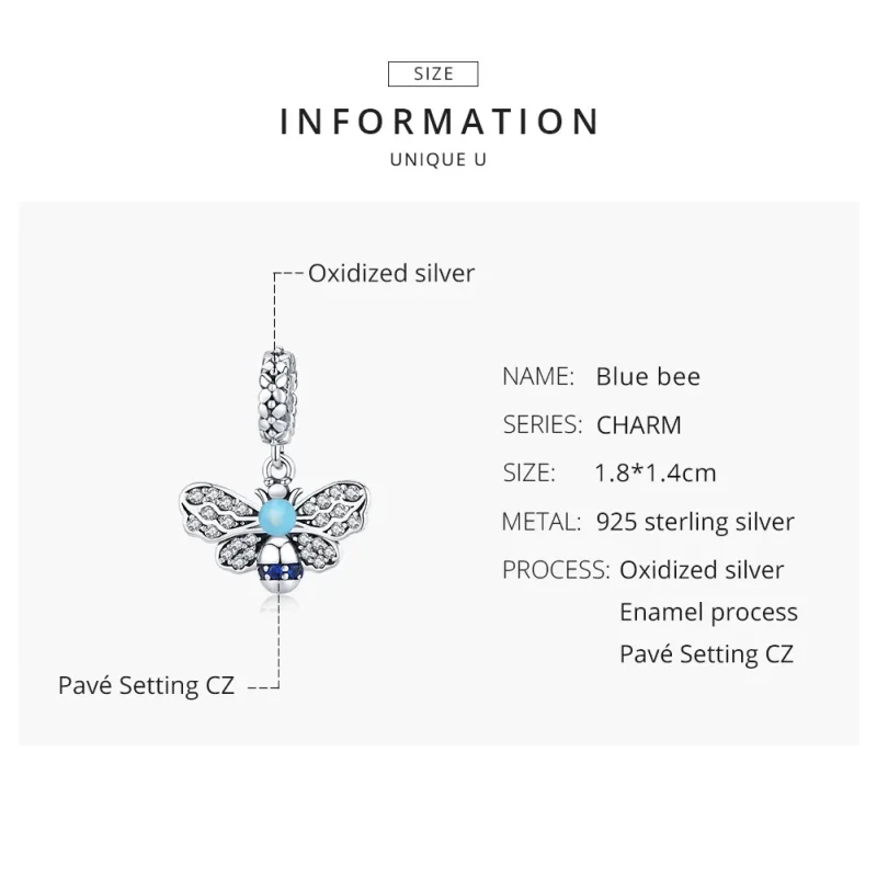 (image for) Pandora Style Silver Dangle Charm, Blue Bee, Cyan Enamel - SCC1480 - View 8
