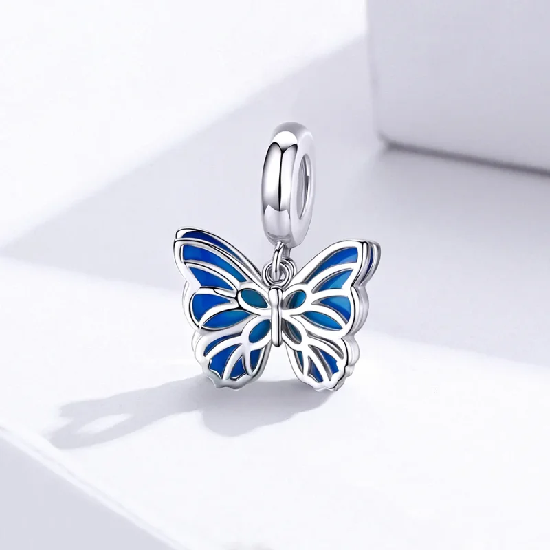 (image for) Pandora Style Silver Dangle Charm, Butterfly, Blue Enamel - BSC149 - View 2