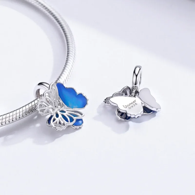 (image for) Pandora Style Silver Dangle Charm, Butterfly, Blue Enamel - BSC149 - View 4