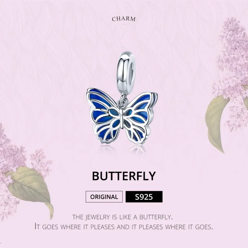 (image for) Pandora Style Silver Dangle Charm, Butterfly, Blue Enamel - BSC149 - View 6