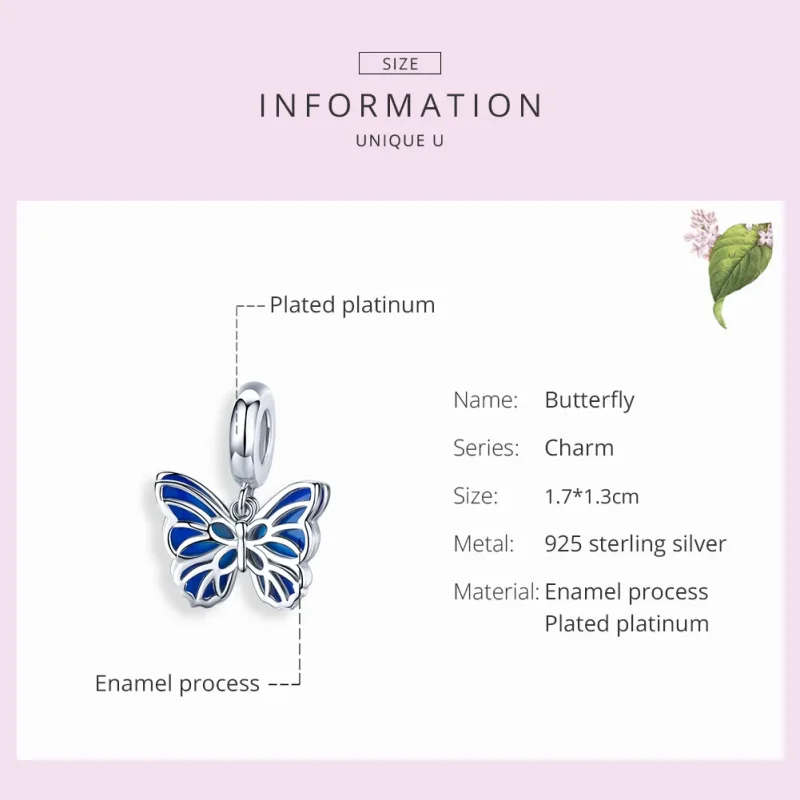 (image for) Pandora Style Silver Dangle Charm, Butterfly, Blue Enamel - BSC149 - View 7