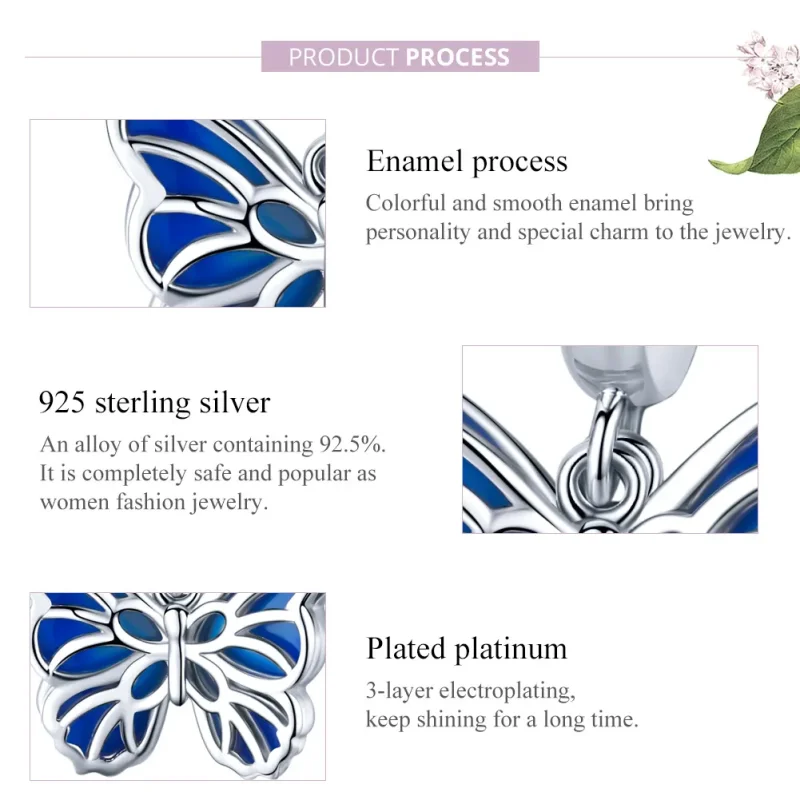 (image for) Pandora Style Silver Dangle Charm, Butterfly, Blue Enamel - BSC149 - View 8