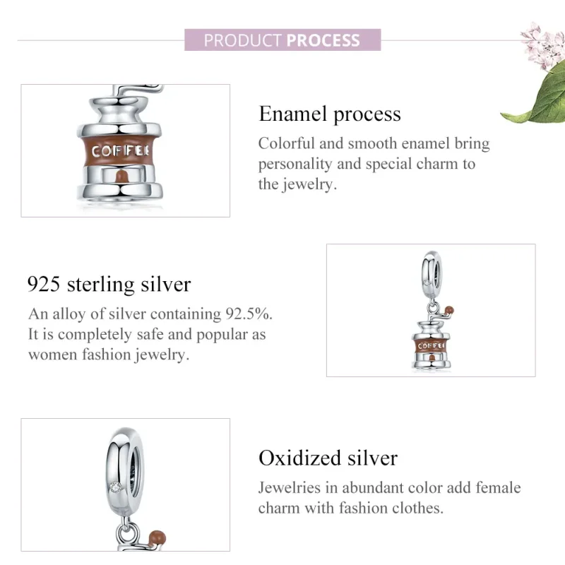 (image for) Pandora Style Silver Dangle Charm, Coffee Grinder, Brown Enamel - BSC170 - View 8