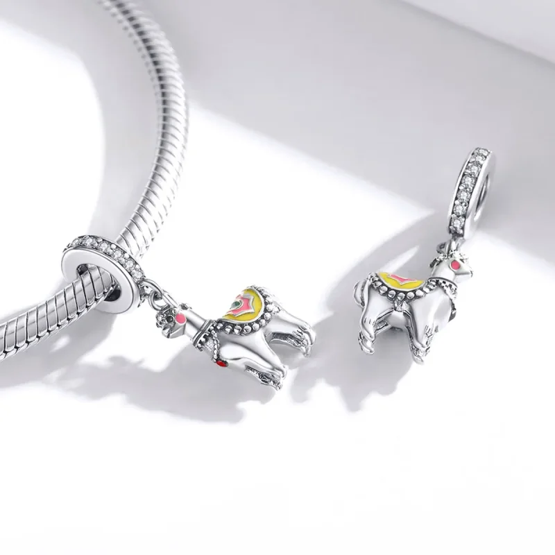 (image for) Pandora Style Silver Dangle Charm, Cute Alpaca, Multicolor Enamel - SCC1737 - View 4