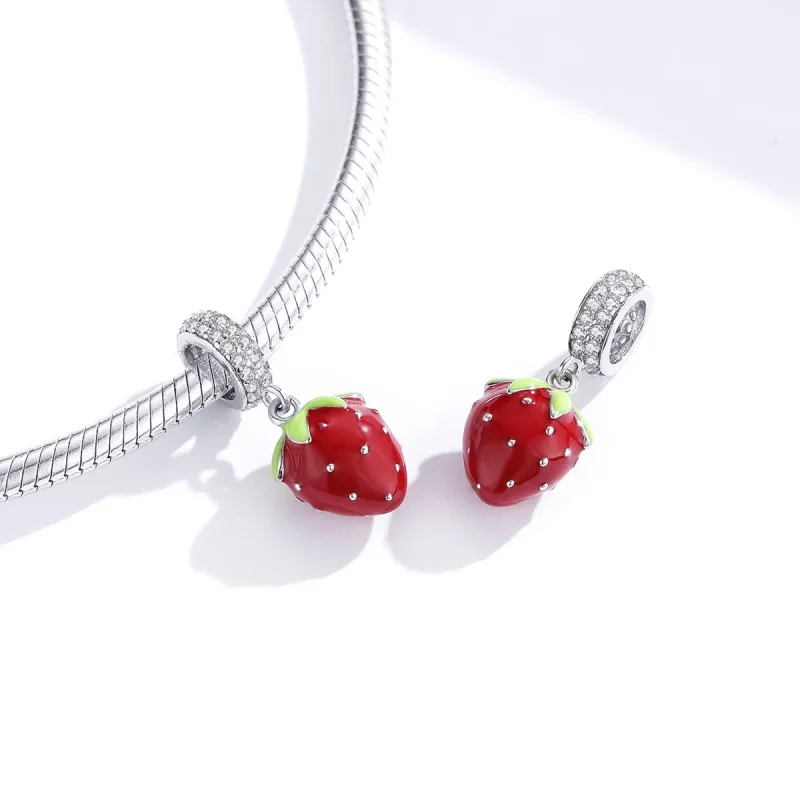 (image for) Pandora Style Silver Dangle Charm, Cute Strawberry, Multicolor Enamel - SCC1537 - View 4