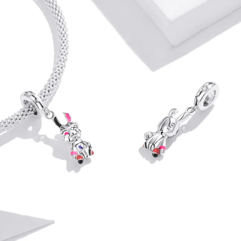 (image for) Pandora Style Silver Dangle Charm, Cyberpunk - Mechanical Rabbit, Multicolor Ena - View 4