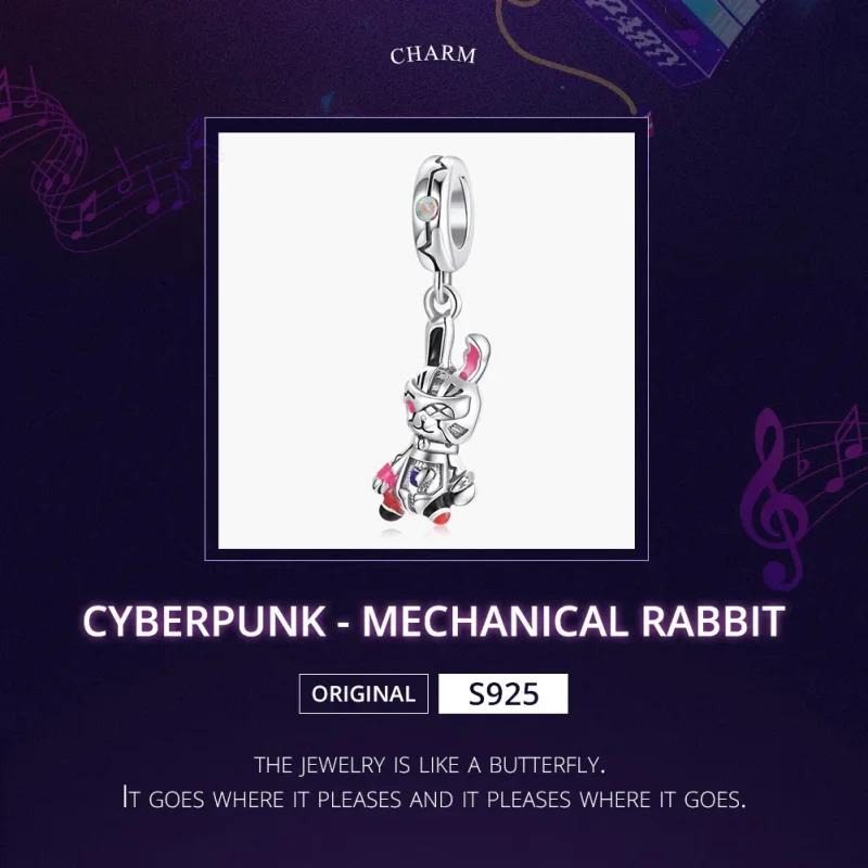 (image for) Pandora Style Silver Dangle Charm, Cyberpunk - Mechanical Rabbit, Multicolor Ena - View 5