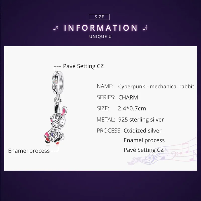 (image for) Pandora Style Silver Dangle Charm, Cyberpunk - Mechanical Rabbit, Multicolor Ena - View 6
