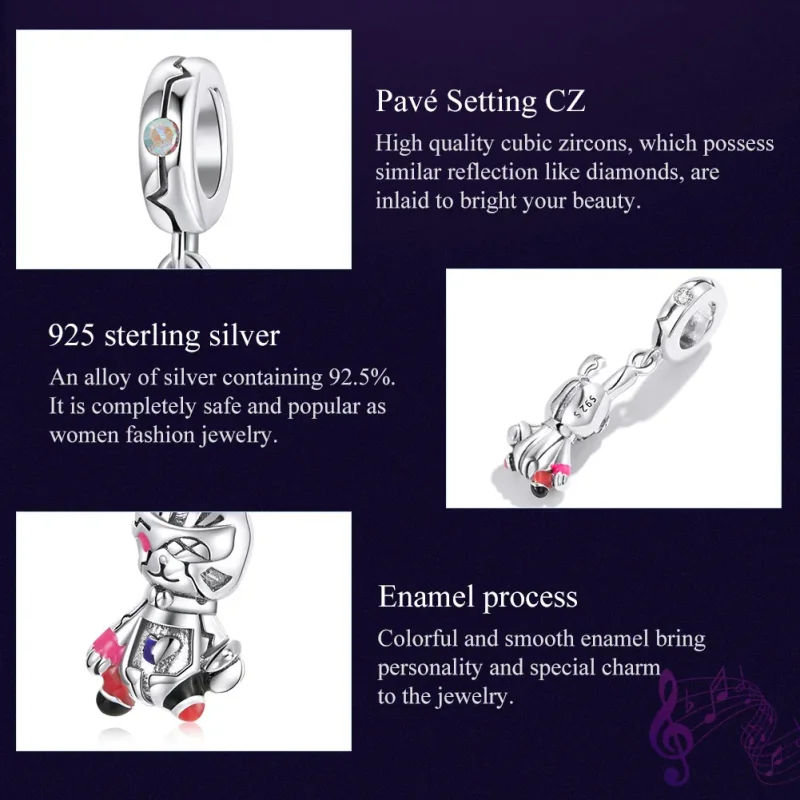 (image for) Pandora Style Silver Dangle Charm, Cyberpunk - Mechanical Rabbit, Multicolor Ena - View 7