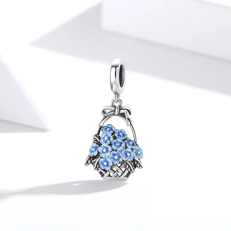 (image for) Pandora Style Silver Dangle Charm, Flower Basket, Blue Enamel - SCC1717 - View 2