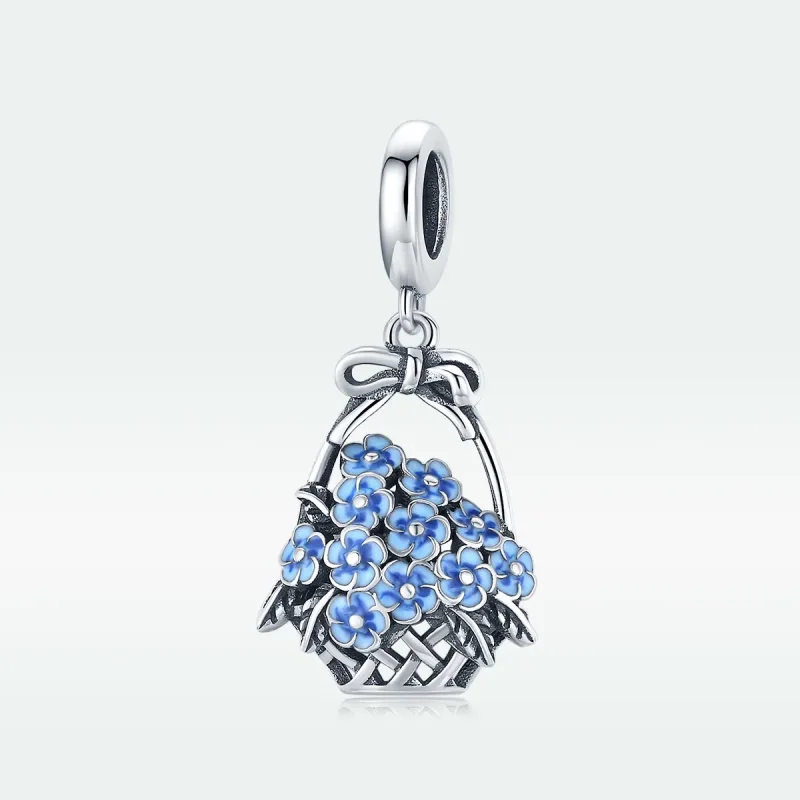 (image for) Pandora Style Silver Dangle Charm, Flower Basket, Blue Enamel - SCC1717 - View 5