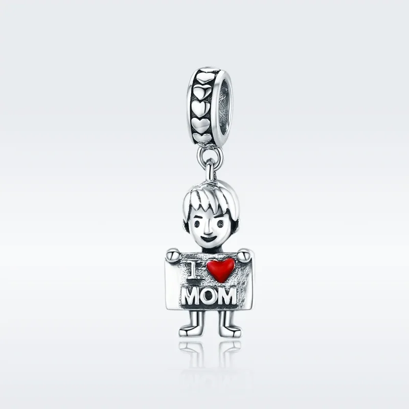 (image for) Pandora Style Silver Dangle Charm, I Love Mom, Red Enamel - SCC691 - View 2