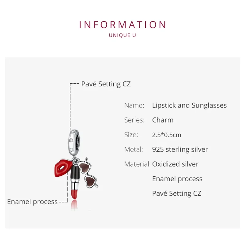 (image for) Pandora Style Silver Dangle Charm, Lipstick and Sunglasses, Multicolor Enamel - - View 6