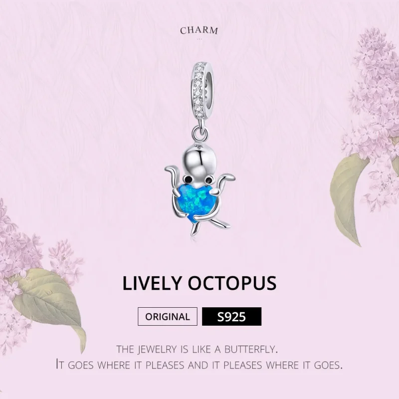 (image for) Pandora Style Silver Dangle Charm, Lovely Octopus, Cyan Blue Enamel - SCC1831 - View 6