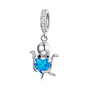(image for) Pandora Style Silver Dangle Charm, Lovely Octopus, Cyan Blue Enamel - SCC1831