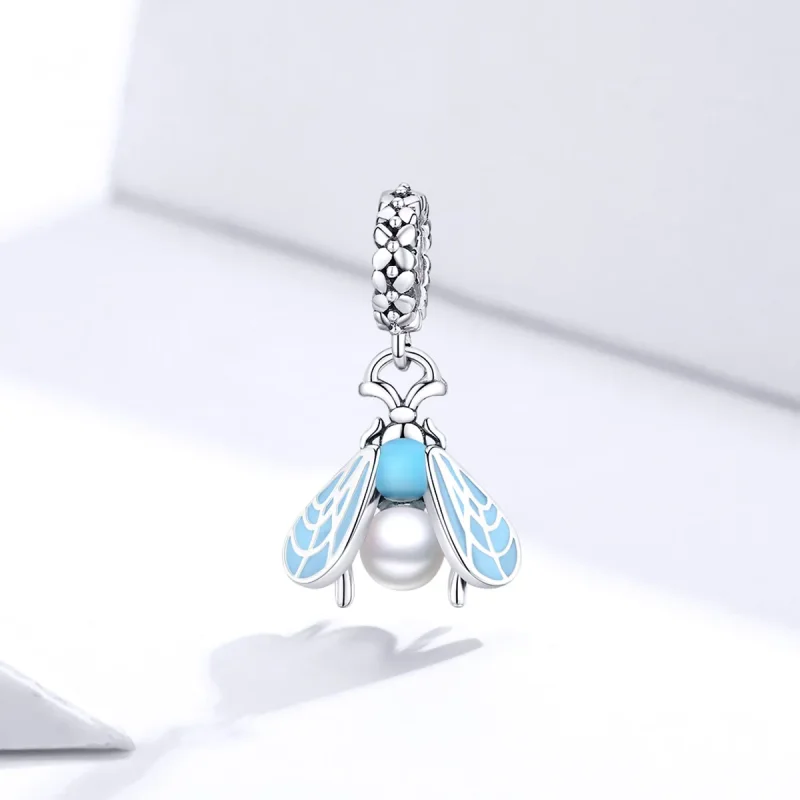 (image for) Pandora Style Silver Dangle Charm, Moths, Cyan Enamel - SCC1479 - View 2