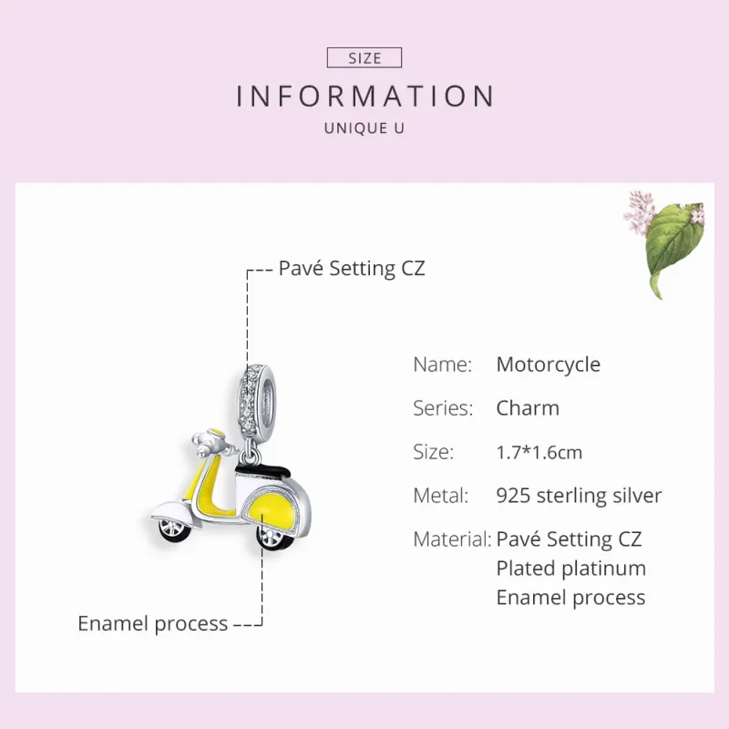 (image for) Pandora Style Silver Dangle Charm, Motorcycle, Yellow Enamel - BSC136 - View 7