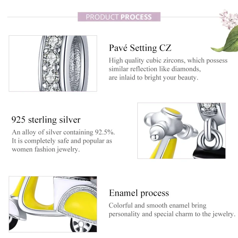 (image for) Pandora Style Silver Dangle Charm, Motorcycle, Yellow Enamel - BSC136 - View 8