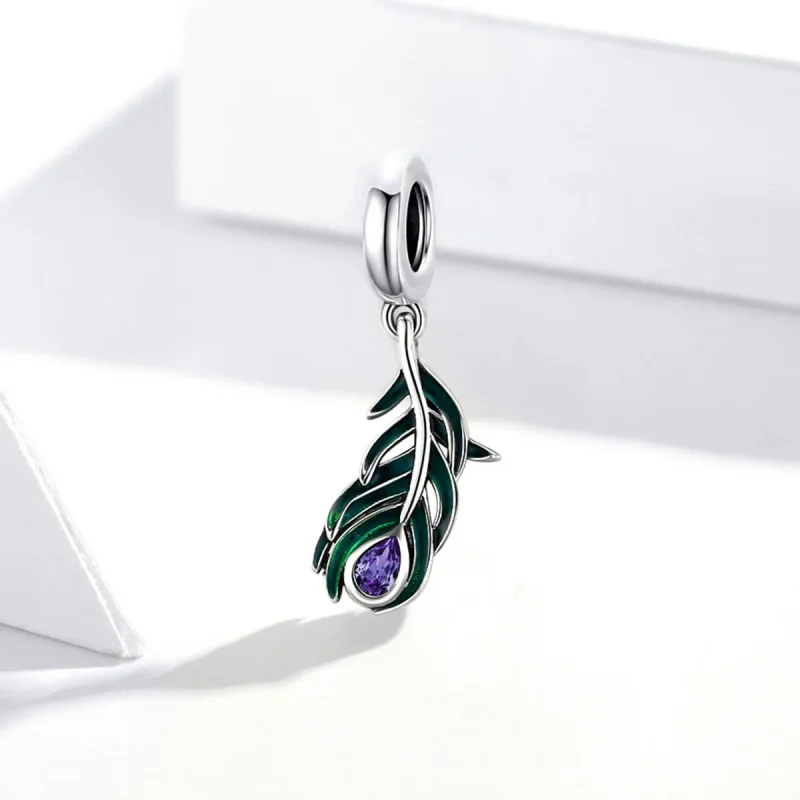 (image for) Pandora Style Silver Dangle Charm, Peacok Feather, Multicolor Enamel - SCC1704 - View 2
