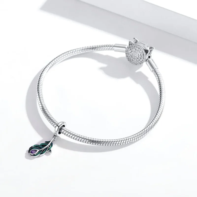 (image for) Pandora Style Silver Dangle Charm, Peacok Feather, Multicolor Enamel - SCC1704 - View 3