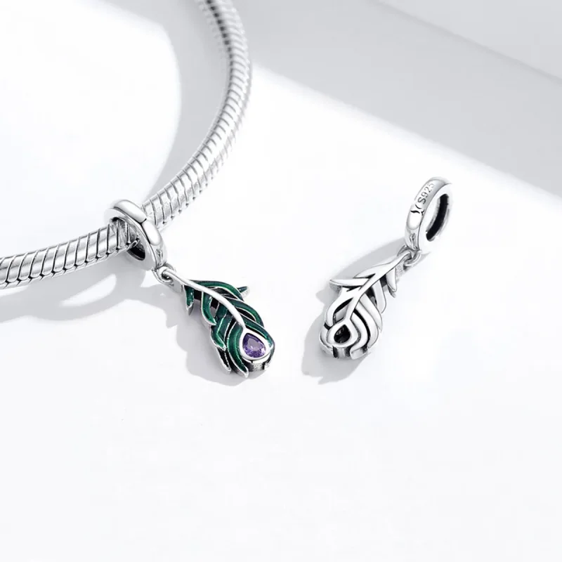 (image for) Pandora Style Silver Dangle Charm, Peacok Feather, Multicolor Enamel - SCC1704 - View 4