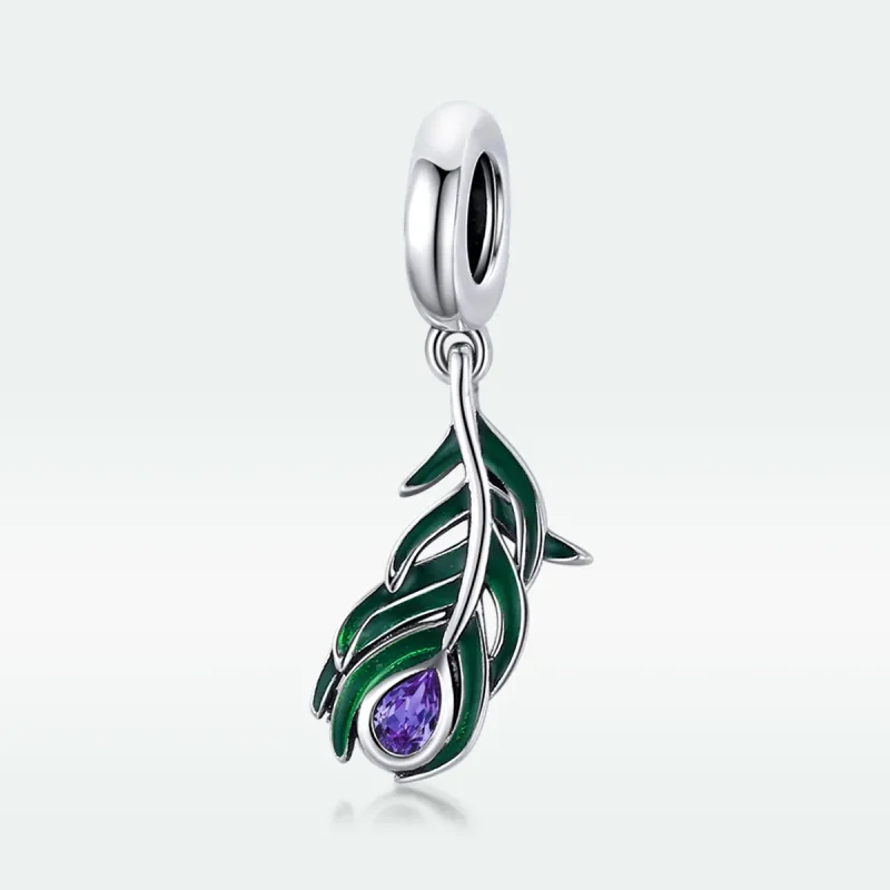 (image for) Pandora Style Silver Dangle Charm, Peacok Feather, Multicolor Enamel - SCC1704 - View 5