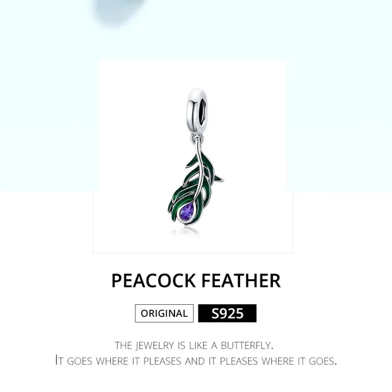 (image for) Pandora Style Silver Dangle Charm, Peacok Feather, Multicolor Enamel - SCC1704 - View 6