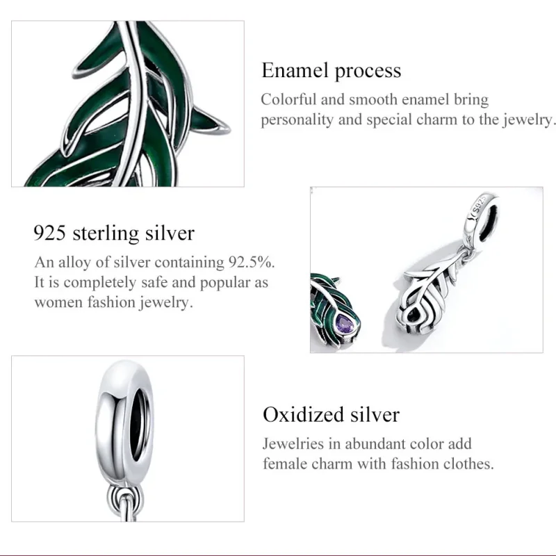 (image for) Pandora Style Silver Dangle Charm, Peacok Feather, Multicolor Enamel - SCC1704 - View 7