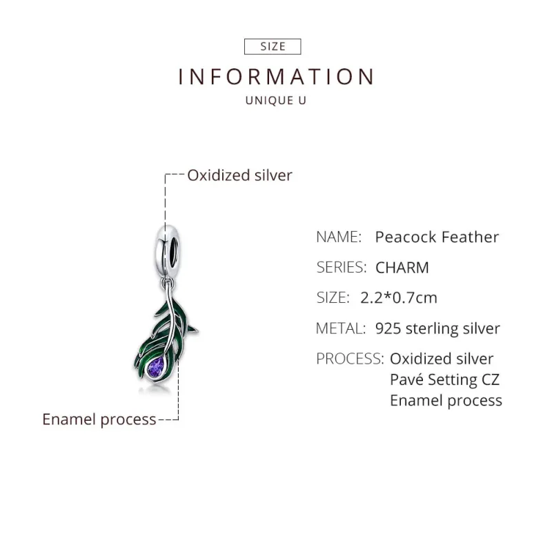 (image for) Pandora Style Silver Dangle Charm, Peacok Feather, Multicolor Enamel - SCC1704 - View 8