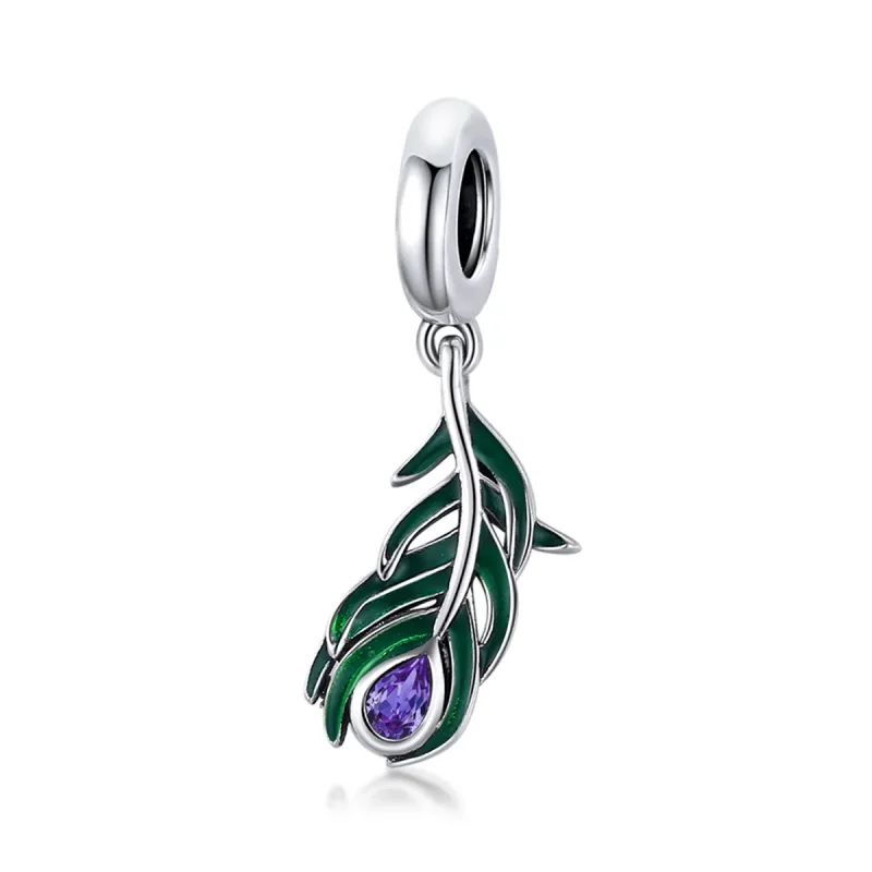 (image for) Pandora Style Silver Dangle Charm, Peacok Feather, Multicolor Enamel - SCC1704 - Product Image