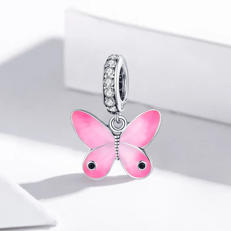 (image for) Pandora Style Silver Dangle Charm, Pink Butterfly, Pink Enamel - SCC1728 - View 2