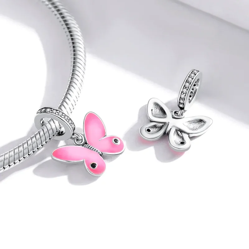 (image for) Pandora Style Silver Dangle Charm, Pink Butterfly, Pink Enamel - SCC1728 - View 4