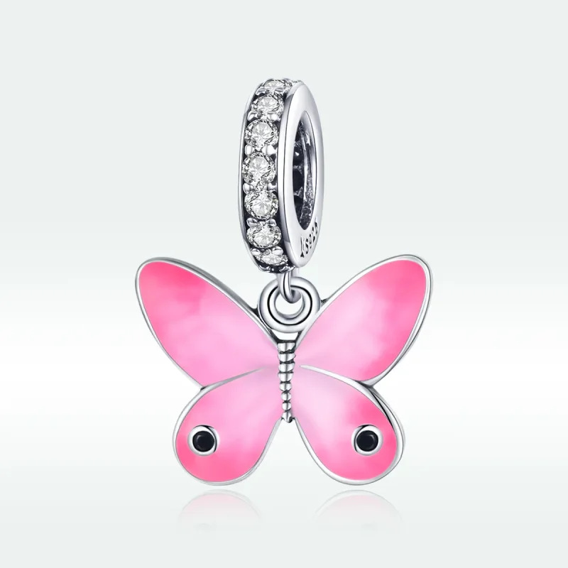(image for) Pandora Style Silver Dangle Charm, Pink Butterfly, Pink Enamel - SCC1728 - View 5